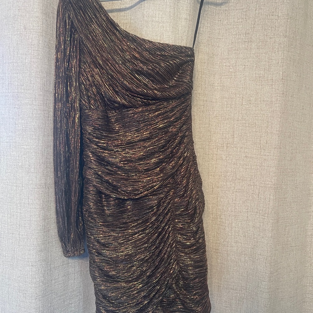 le chateau One-Shoulder Metallic Black and Bronze Ruched Dress